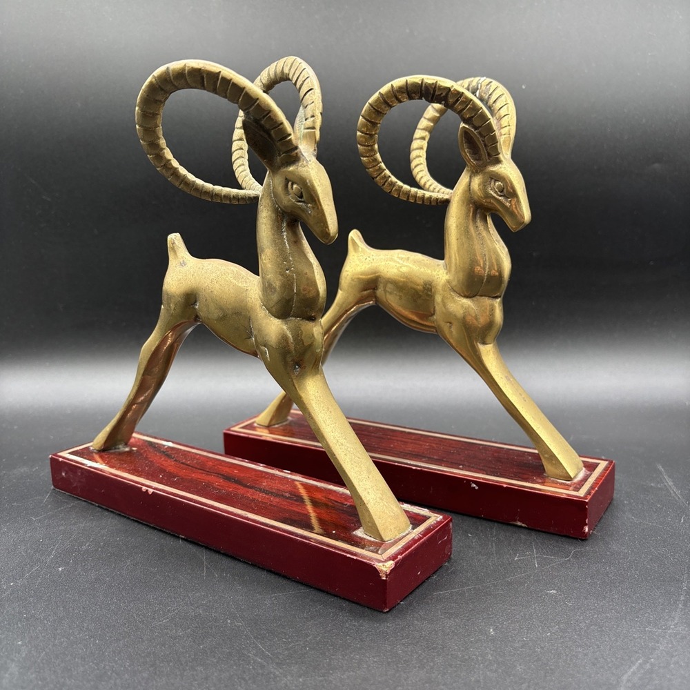 2x Vintage San Pacific Art Deco Brass Gazelle Antelope on Wooden Platform 1970s